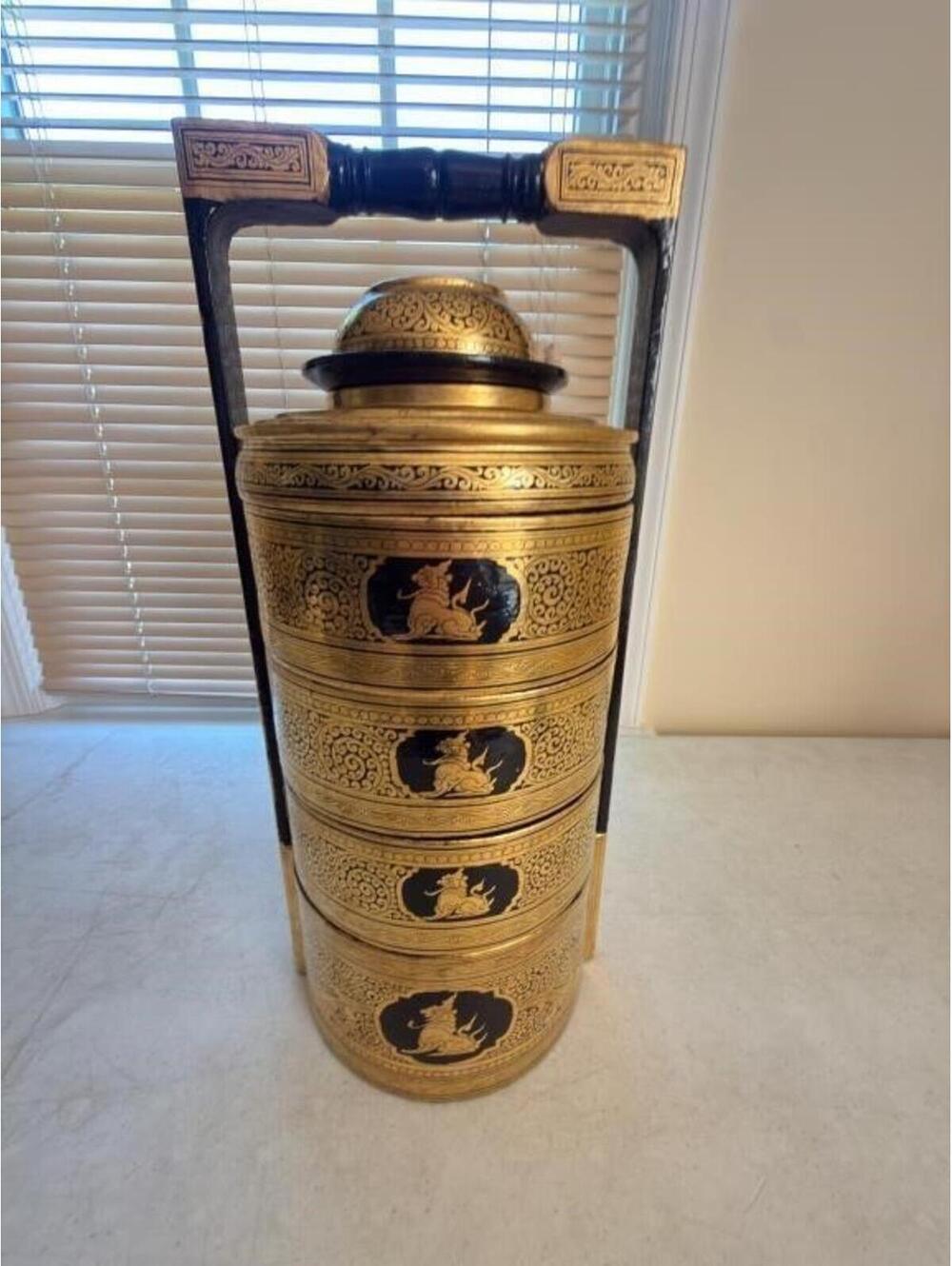 Vintage Burmese Tiffin Lunch Box Hand Painted Stacking Carrier Brass Container